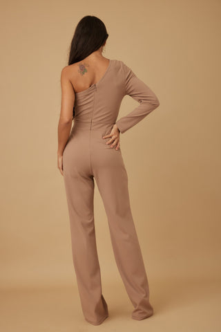 Hot Girl Winter Neutrals One Shoulder Jumpsuit In Mocha