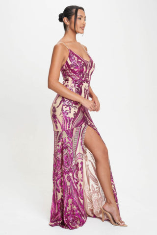 Hot Girl Art Deco Sequined Maxi Dress In Fuchsia