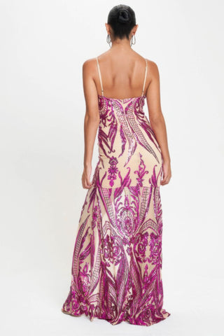 Hot Girl Art Deco Sequined Maxi Dress In Fuchsia