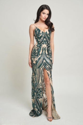 Hot Girl Art Deco Sequined Maxi Dress In Hunter Green