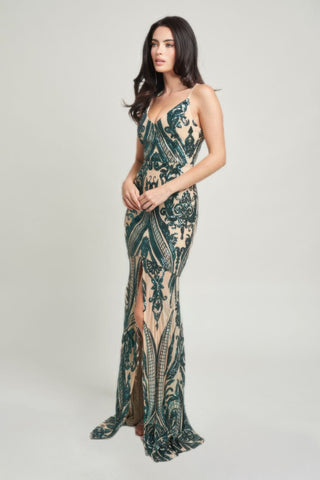 Hot Girl Art Deco Sequined Maxi Dress In Hunter Green