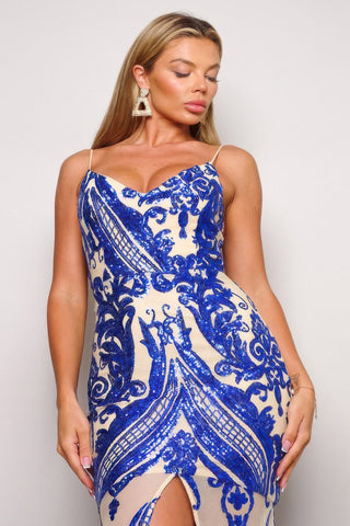 Hot Girl Art Deco Sequined Maxi Dress In Blue