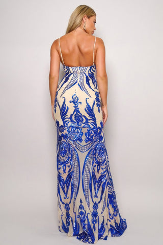 Hot Girl Art Deco Sequined Maxi Dress In Blue