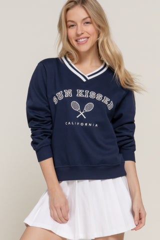 Hot Girl Sun Kissed Cali Tennis Club Embroidered Varsity Sweatshirt In Navy