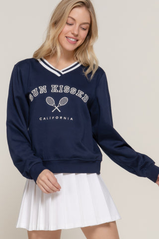 Hot Girl Sun Kissed Cali Tennis Club Embroidered Varsity Sweatshirt In Navy