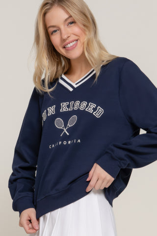 Hot Girl Sun Kissed Cali Tennis Club Embroidered Varsity Sweatshirt In Navy