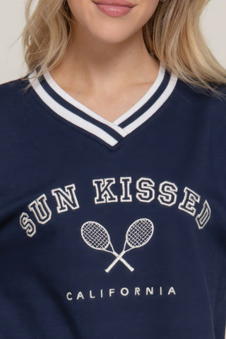 Hot Girl Sun Kissed Cali Tennis Club Embroidered Varsity Sweatshirt In Navy