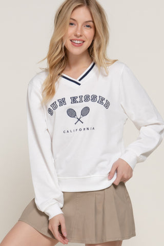 Hot Girl Sun Kissed Cali Tennis Club Embroidered Varsity Sweatshirt In White