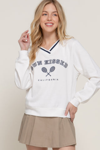 Hot Girl Sun Kissed Cali Tennis Club Embroidered Varsity Sweatshirt In White