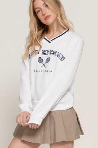 Hot Girl Sun Kissed Cali Tennis Club Embroidered Varsity Sweatshirt In White