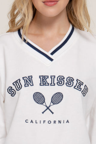 Hot Girl Sun Kissed Cali Tennis Club Embroidered Varsity Sweatshirt In White