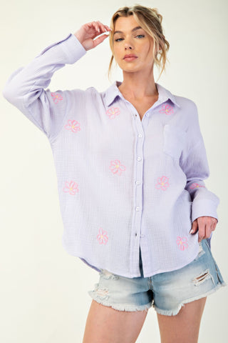 Hot Girl Flower Embroidered Cotton Gauze Button Down Long Sleeve Shirt In Lavender