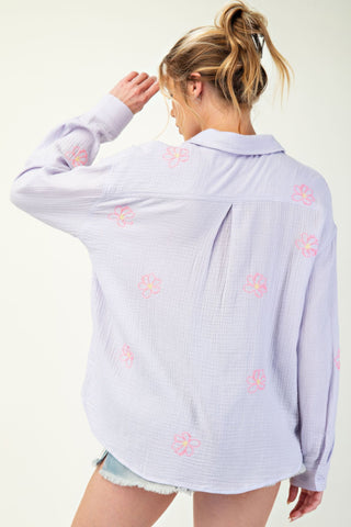 Hot Girl Flower Embroidered Cotton Gauze Button Down Long Sleeve Shirt In Lavender