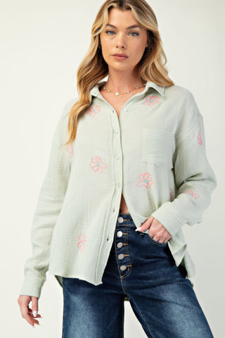 Hot Girl Flower Embroidered Cotton Gauze Button Down Long Sleeve Shirt In Sage