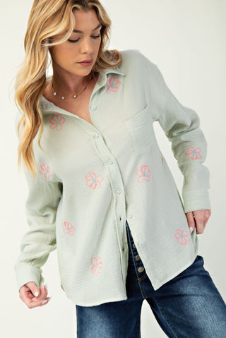 Hot Girl Flower Embroidered Cotton Gauze Button Down Long Sleeve Shirt In Sage