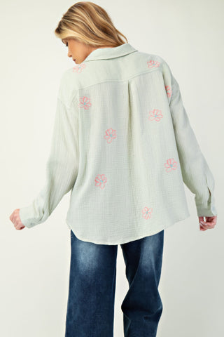 Hot Girl Flower Embroidered Cotton Gauze Button Down Long Sleeve Shirt In Sage