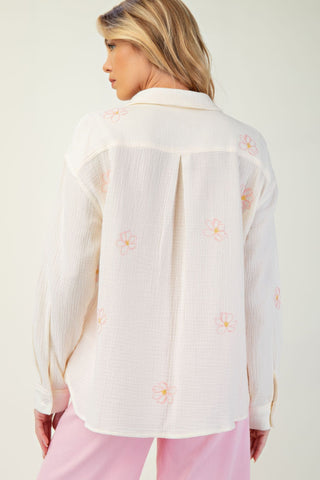 Hot Girl Flower Embroidered Cotton Gauze Button Down Long Sleeve Shirt In Cream