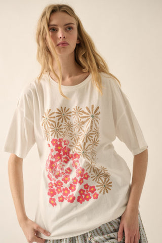 Hot Girl Duo Flowers Vintage Wash Oversized Graphic Cotton Tee