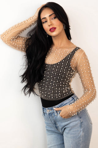 Hot Girl Paloma Pearl Long Sleeve Mesh  Short Sleeve Crop Top