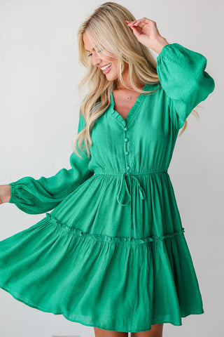 Hot Girl Gemma Frill V Neck Long Sleeve Mini Dress In Green