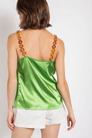 Hot Girl Tequila Cowl Neck Satin Chain Strap Camisole In Lime