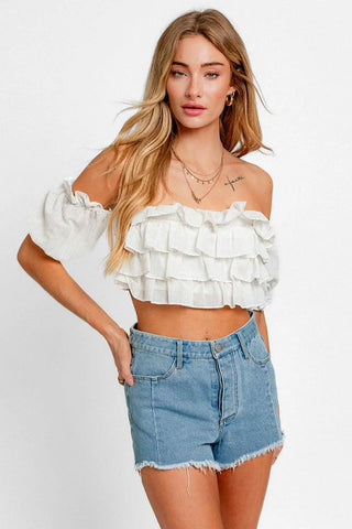 Hot Girl Fiona Off Shoulder Frill Ruffled Crop Top In White