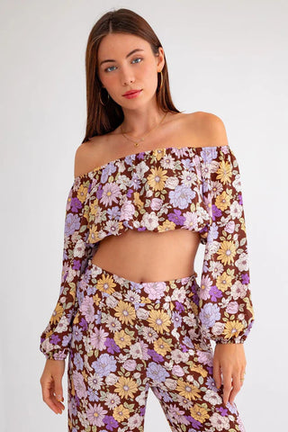 Hot Girl Flower Child Floral Long Sleeve Crop Top & Wide Leg Pants Set