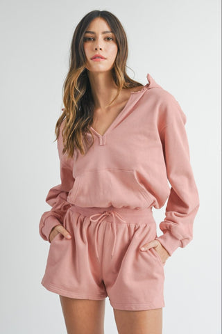 Hot Girl MABLE French Terry Long Sleeve Hooded Romper In Dusty Pink