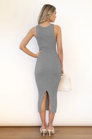 Hot Girl Cozy Chic Ribbed Slit Sleeveless Midi Dress