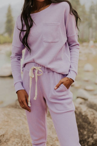 Hot Girl Waffle Knit Long Sleeve Top and Drawstring Pants Lounge Set In Lavender