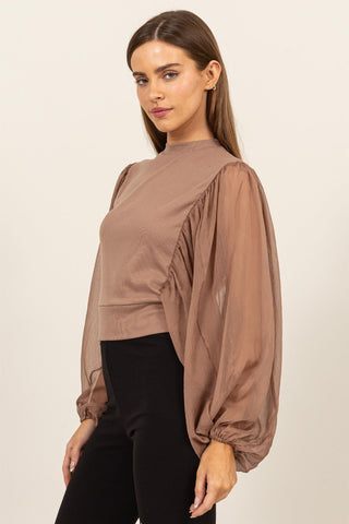 Hot Girl HYFVE Ruched Sheer Mock Neck In Mocha Short Sleeve Blouse