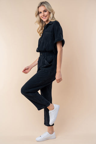 Hot Girl White Birch Gauze Knit Short Sleeve Jumpsuit In Black - Hot Girl Apparel