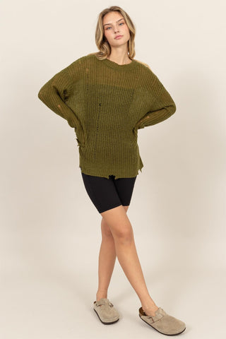 Hot Girl HYFVE Distressed Long Sleeve Knit Top In Moss