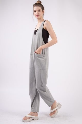 Hot Girl Basic Bae Plunge Racerback Jumpsuit with Pockets In Grey