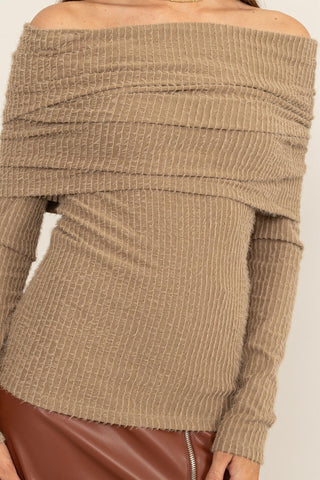 Hot Girl HYFVE Fuzzy Off Shoulder Textured Knit Long Sleeve Top In Latte