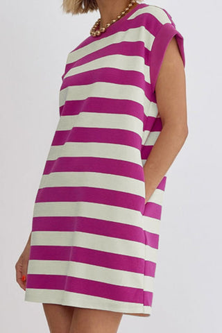 Hot Girl Magenta Striped Cap Sleeve Dress With Pockets - Hot Girl Apparel