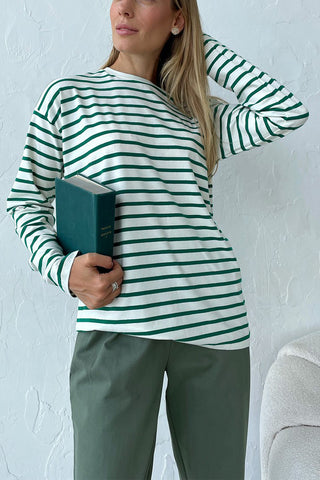 Hot Girl Striped Crewneck Cotton Long Sleeve Tee