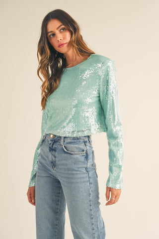 Hot Girl MABLE Shoulder Padded Sequin Long Sleeve Crop Top In Mint