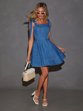 Hot Girl Square Neck Tie Shoulder Denim Mini Dress