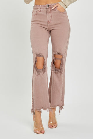 Hot Girl X RISEN Distressed Ankle Bootcut Jeans In Mauve - Hot Girl Apparel