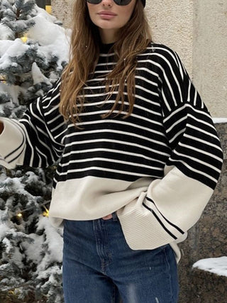 Hot Girl Cardona Contrast Striped Mock Neck Bell Sleeve Sweater