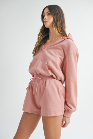 Hot Girl MABLE French Terry Long Sleeve Hooded Romper In Dusty Pink