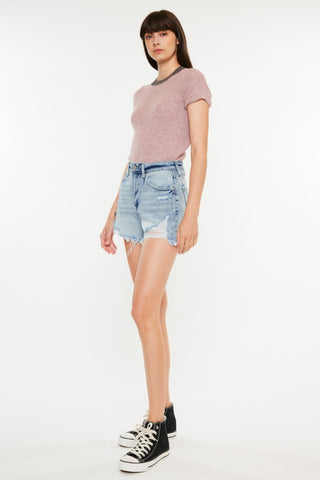 Hot Girl X Kancan Distressed High Waist Denim Shorts In Medium Wash