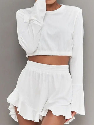 Hot Girl Long Sleeve Top and Ruffled Shorts Lounge Set