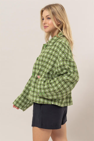 Hot Girl HYFVE Tweed Plaid Button Up Collared Jacket In Green