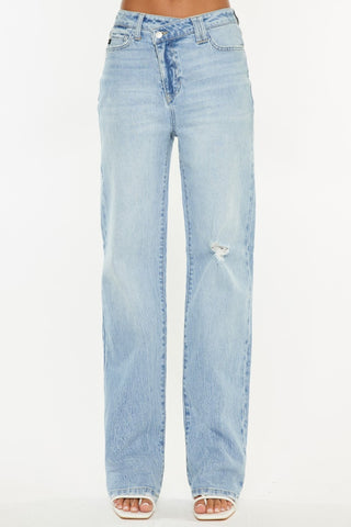 Hot Girl X Kancan Distressed High Waist Straight Jeans In Light Wash