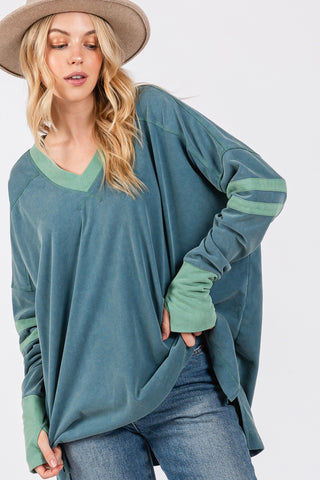 Hot Girl SAGE + FIG Mineral Wash Side Slit Contrast Long Sleeve T-Shirt In Teal