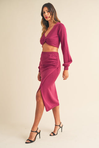 Hot Girl MABLE Front Twisted Knit Top and Midi Skirt Set In Magenta