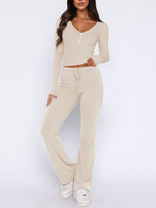 Hot Girl Henley Long Sleeve Top and Pants Two Piece Lounge Set