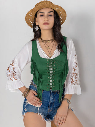 Hot Girl Cowboy Fringe Lace-Up Wide Strap Tank In Green Short Sleeve Top